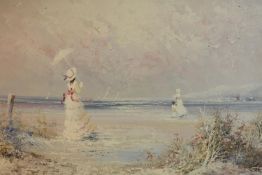 J Miller (Contemporary), Edwardian Beach Scene, acrylic, signed lower right. H.68 W.94cm.