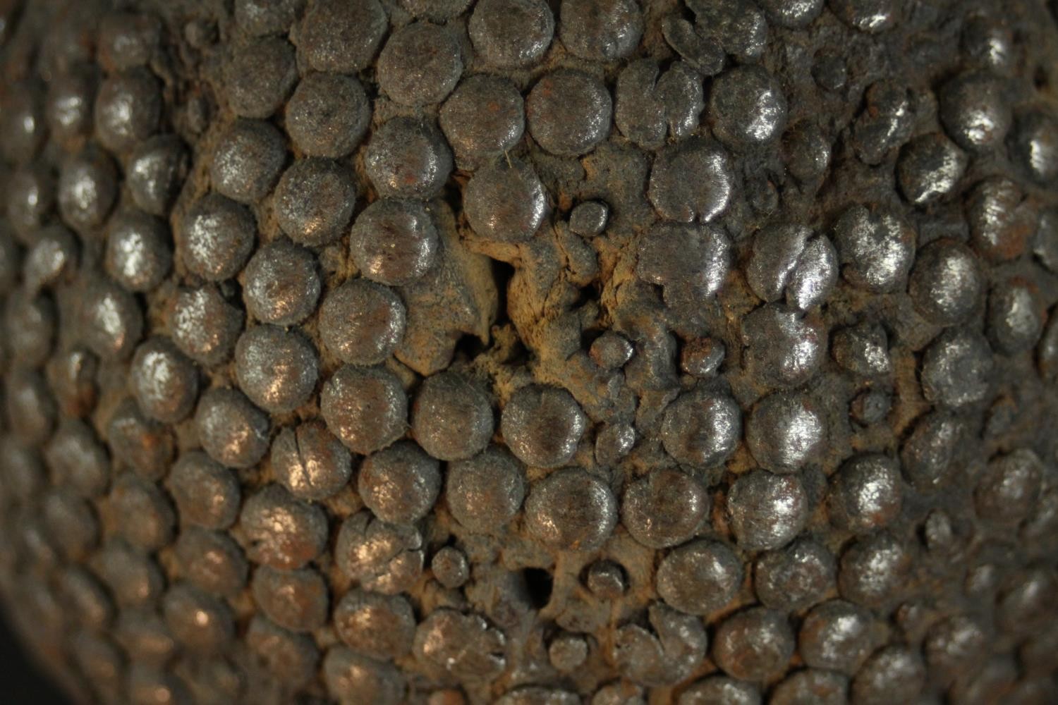 Two carved and polished marble carpet bowls converted into finials along with a pair of iron studded - Image 6 of 6