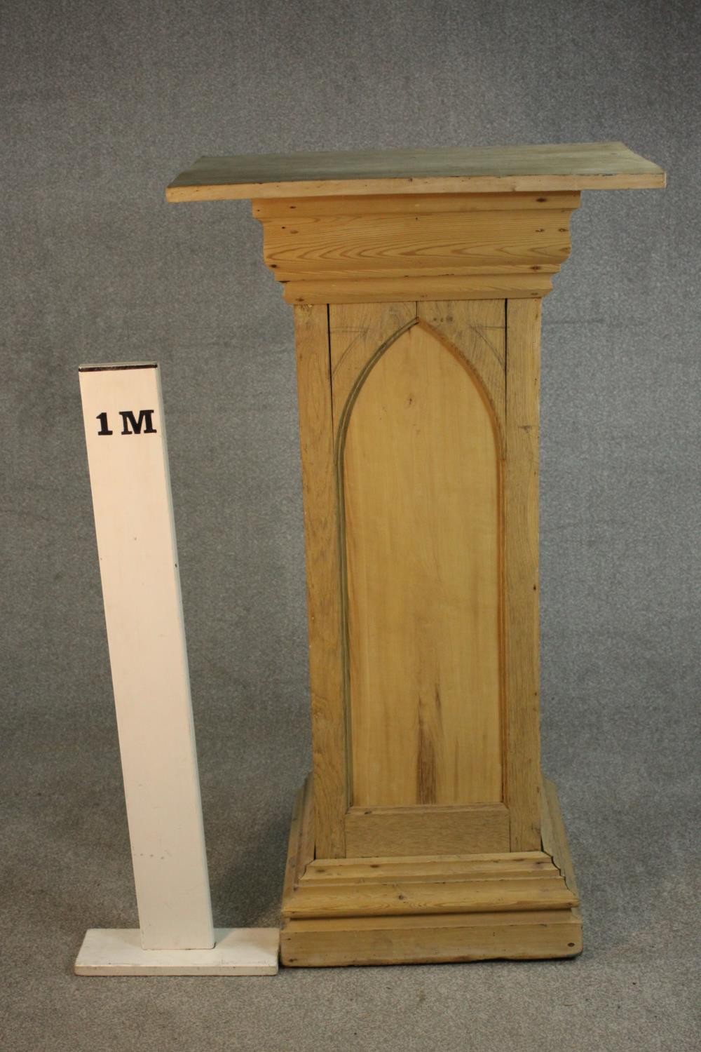 A Gothic Revival oak and pine sculpture stand, with a rectangular top, the sides with arched design, - Image 2 of 9