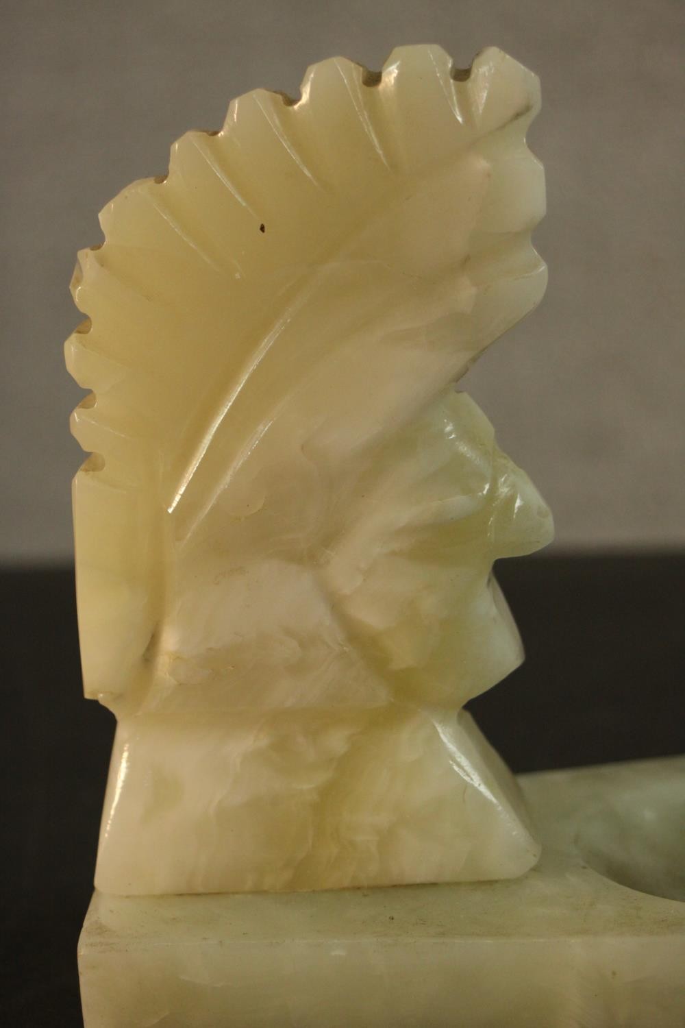 An Art Deco carved alabaster ashtray in the form of a Native American head. H.14 W.17 D.10cm. - Image 4 of 6