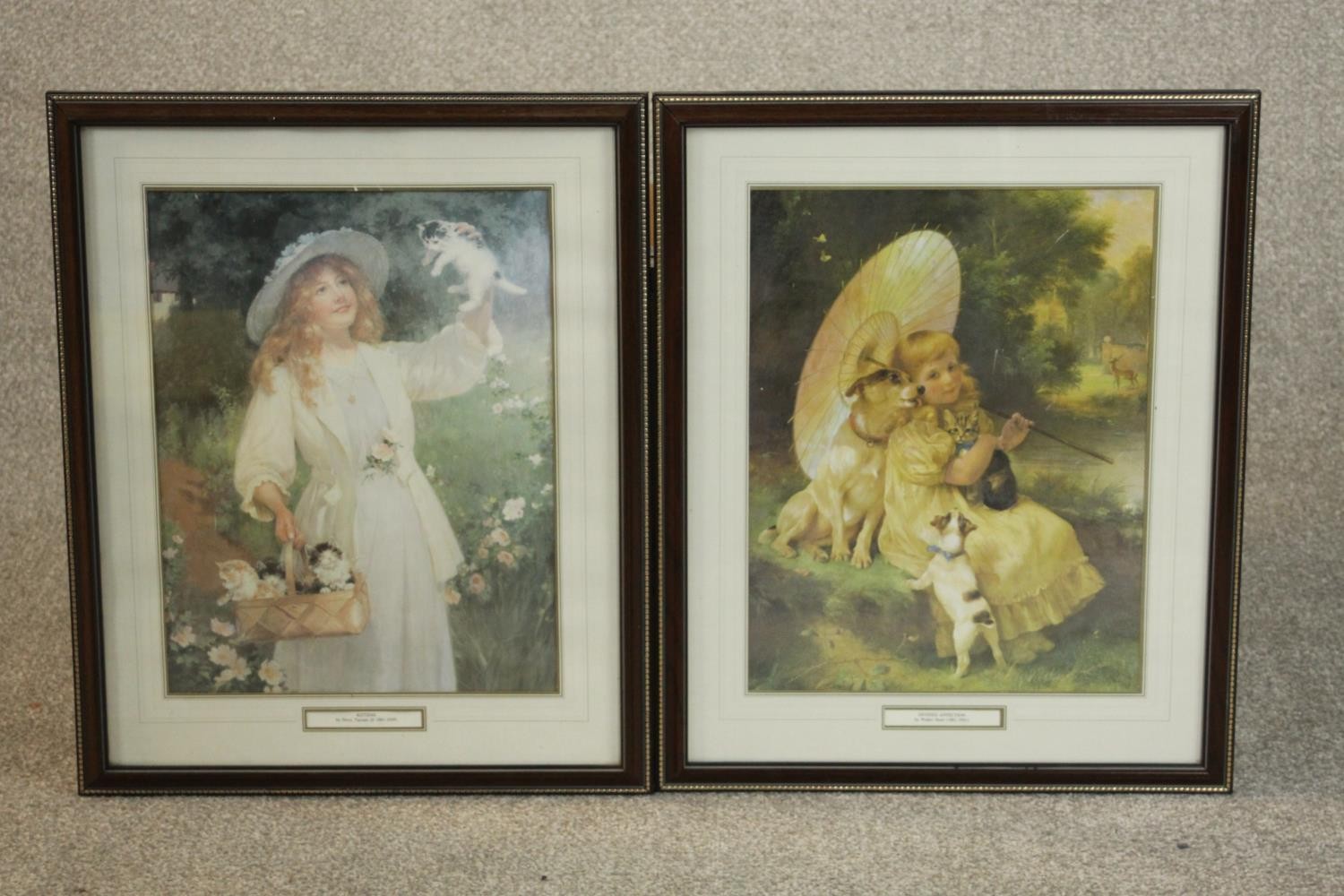 After Percy Tarrant, a framed and glazed vintage prints of a girl with a basket of kittens and