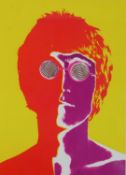 A framed and glazed vintage poster for The Beatles featuring an iconic psychedelic Pop Art style