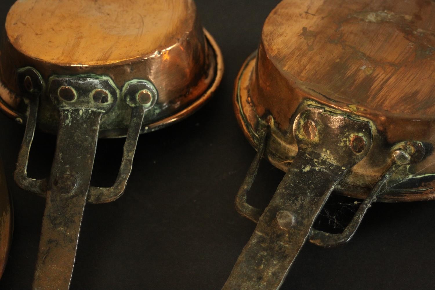 Three 19th century brass and copper pans. H.8 Dia.26cm. (largest) - Image 8 of 10