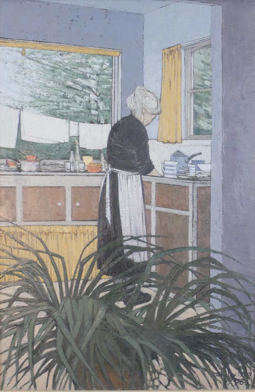Shirley Teed (1933 - 2018), oil on board of an old lady washing up in the kitchen, signed and