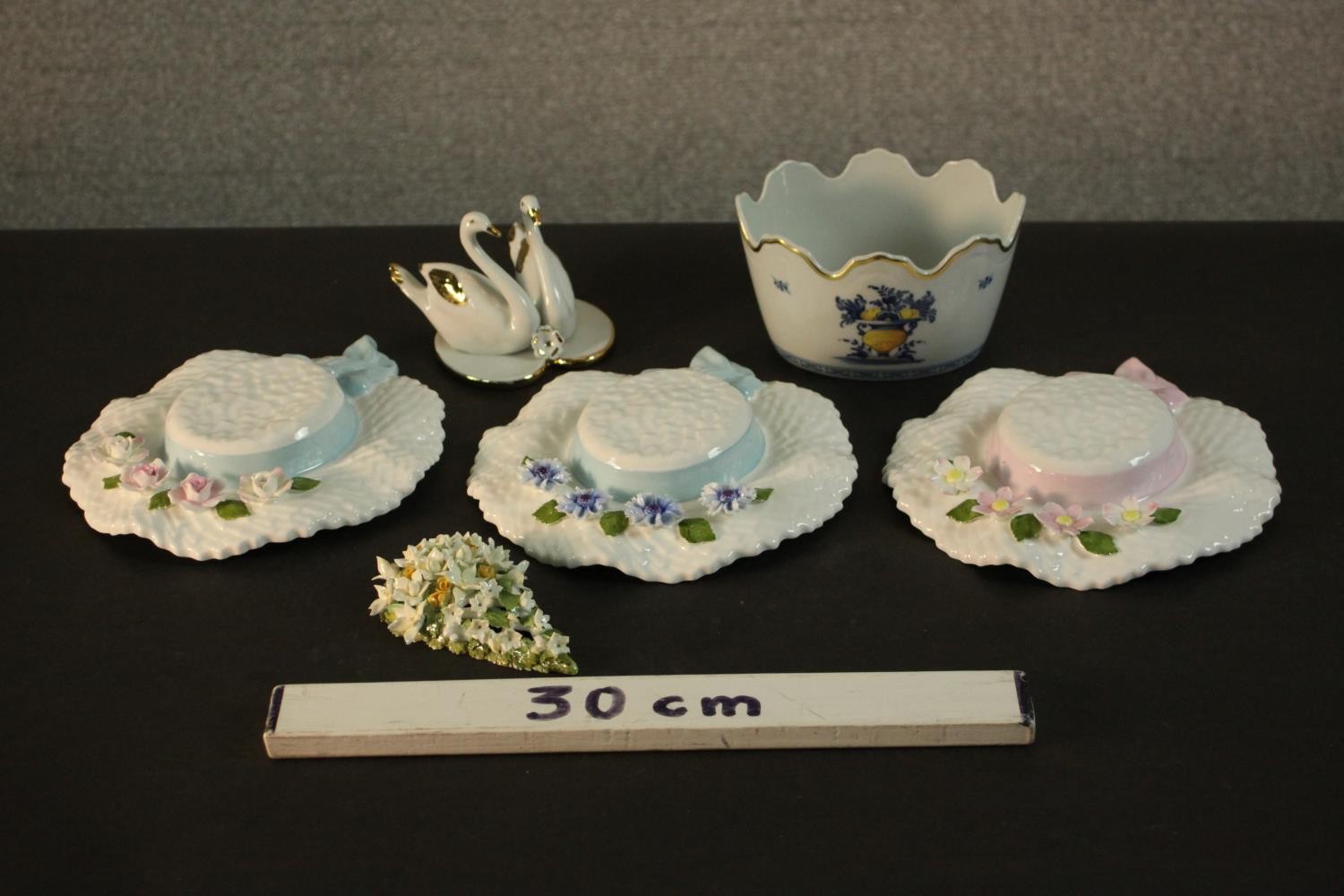 A collection of ceramics and porcelain including, three Aynsley summer hats with relief flower - Image 2 of 13