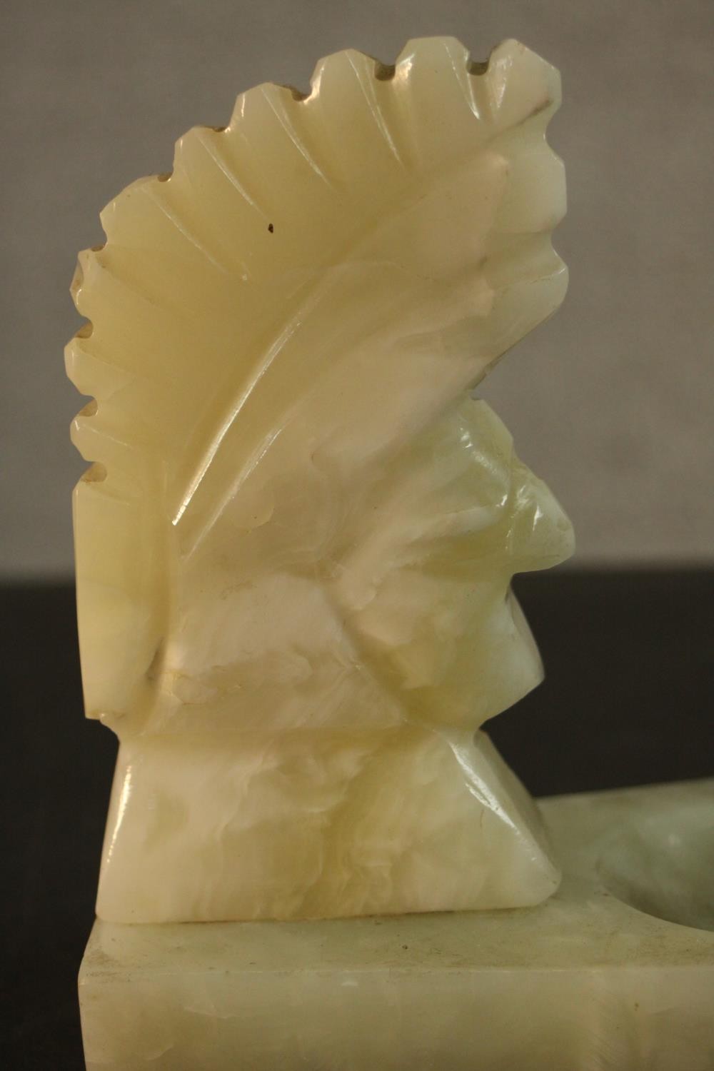 An Art Deco carved alabaster ashtray in the form of a Native American head. H.14 W.17 D.10cm. - Image 3 of 6
