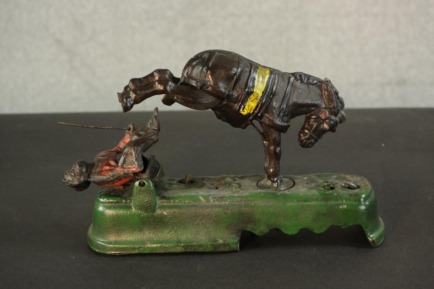 A vintage style painted cast iron mechanical money box of a boy and horse. The horse bucks - Image 5 of 5