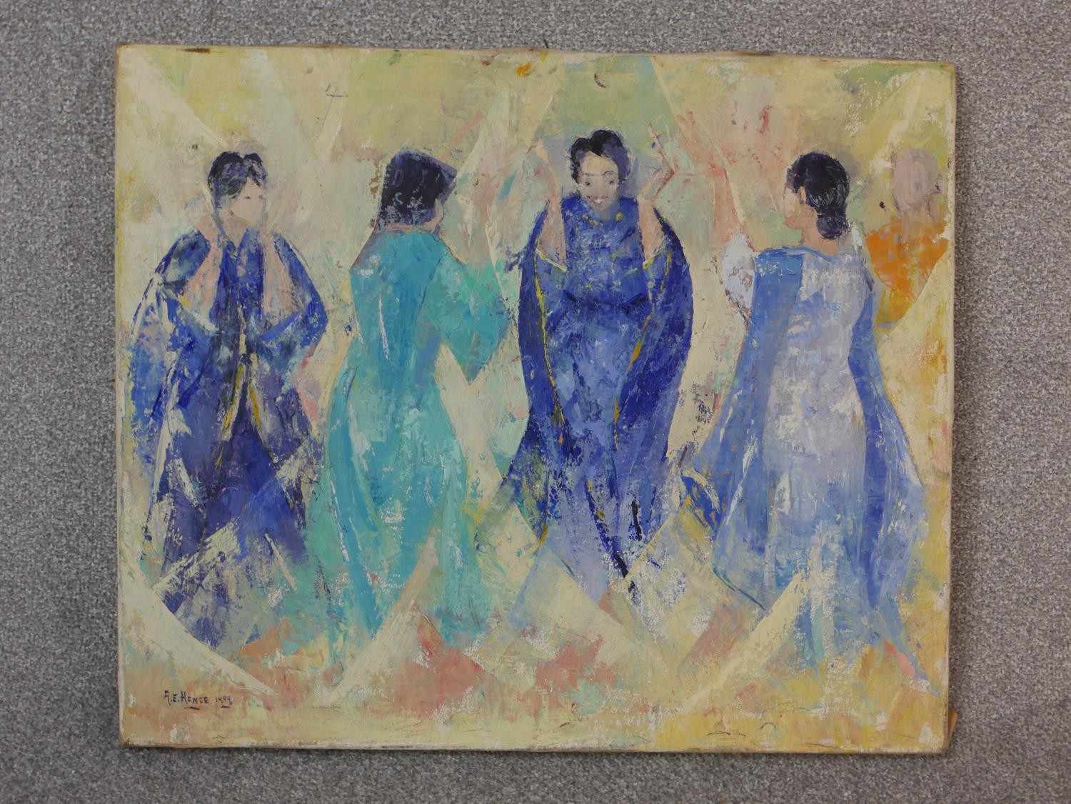 Three unframed oils on canvas, four Oriental ladies signed A. E. Hance, a country pub, unsigned - Image 3 of 6