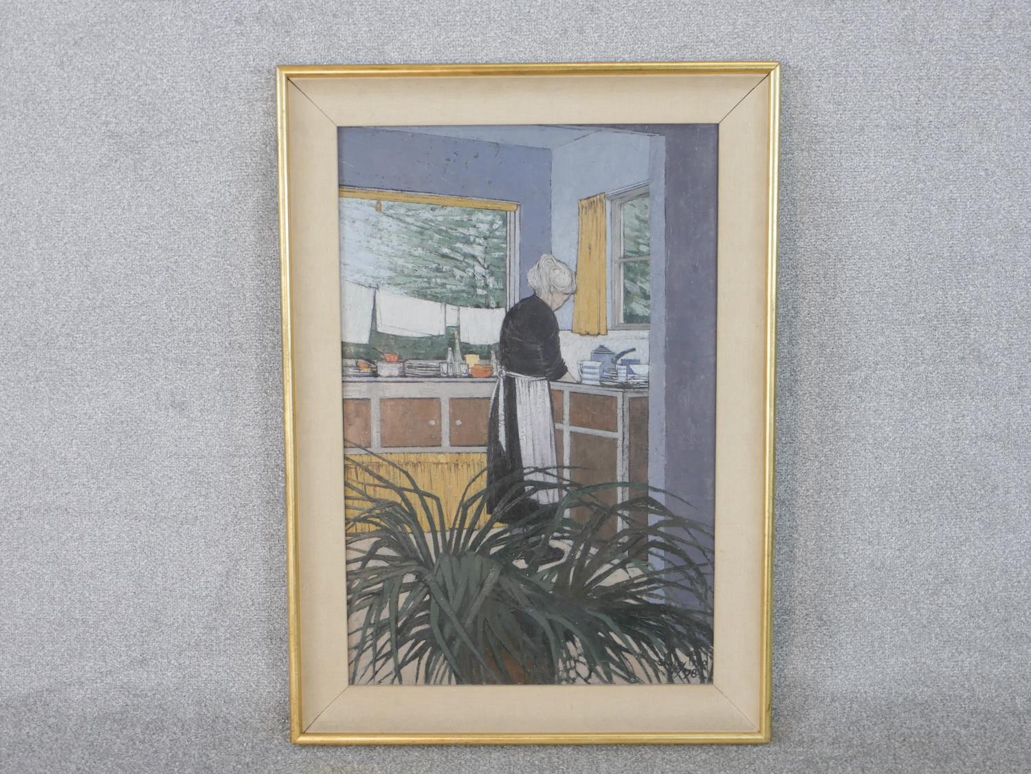 Shirley Teed (1933 - 2018), oil on board of an old lady washing up in the kitchen, signed and - Image 2 of 6