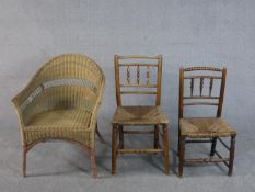 A Lloyd Loom wicker tub chair, together with two 19th century turned country side chairs with