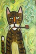 Wolf Howard, acrylic on canvas, 'Cat Smoking Pipe' , monogrammed WH, signed and dated verso. H.60