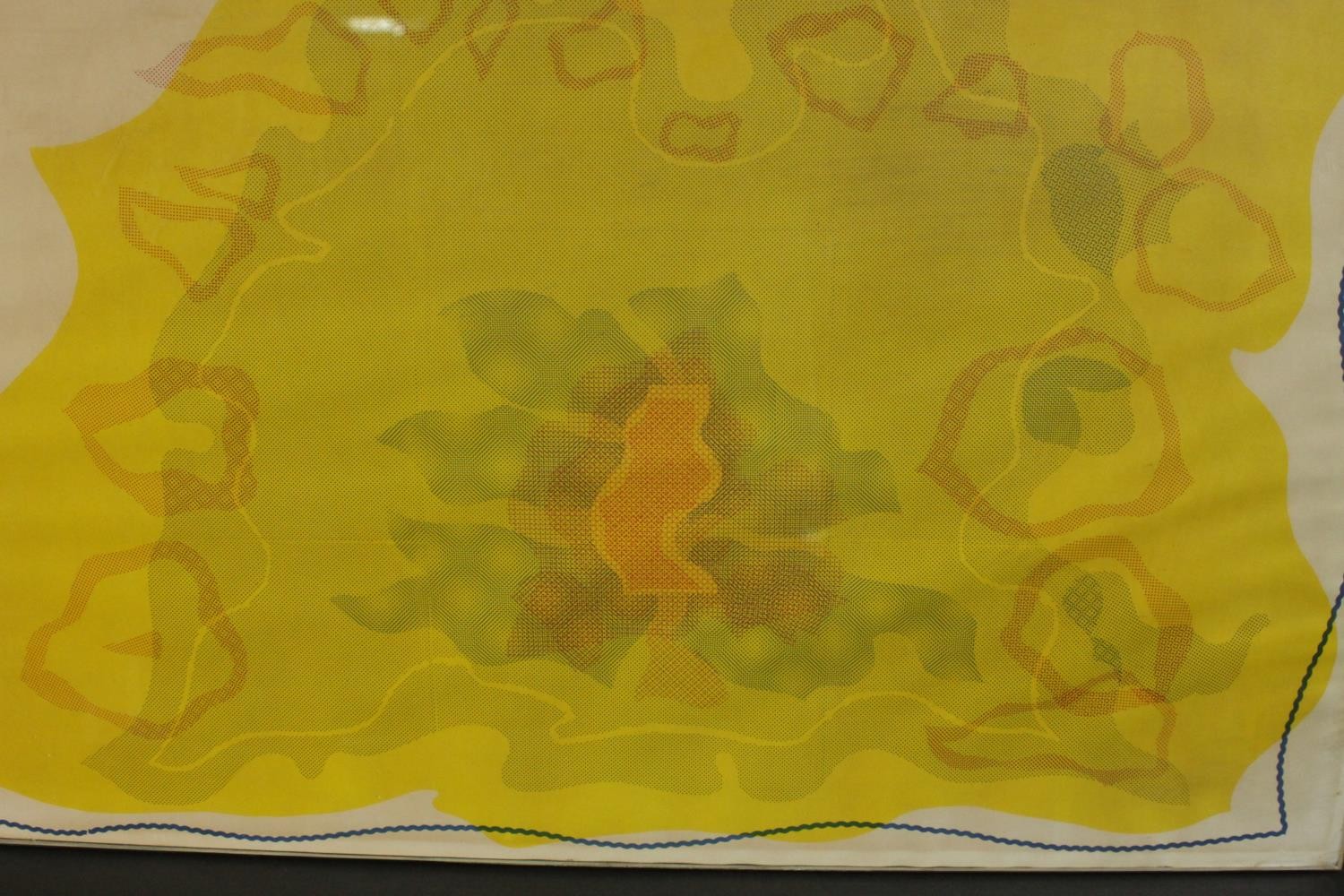 A glazed mid-century abstract yellow, orange and blue print, indistinctly signed and dated in plate. - Image 3 of 6