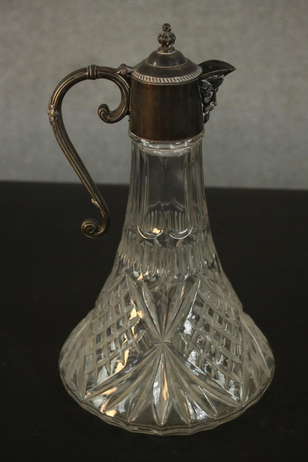 A silver plated claret jug along with other cut crystal items. H.30 Dia.17cm. (largest) - Image 3 of 8