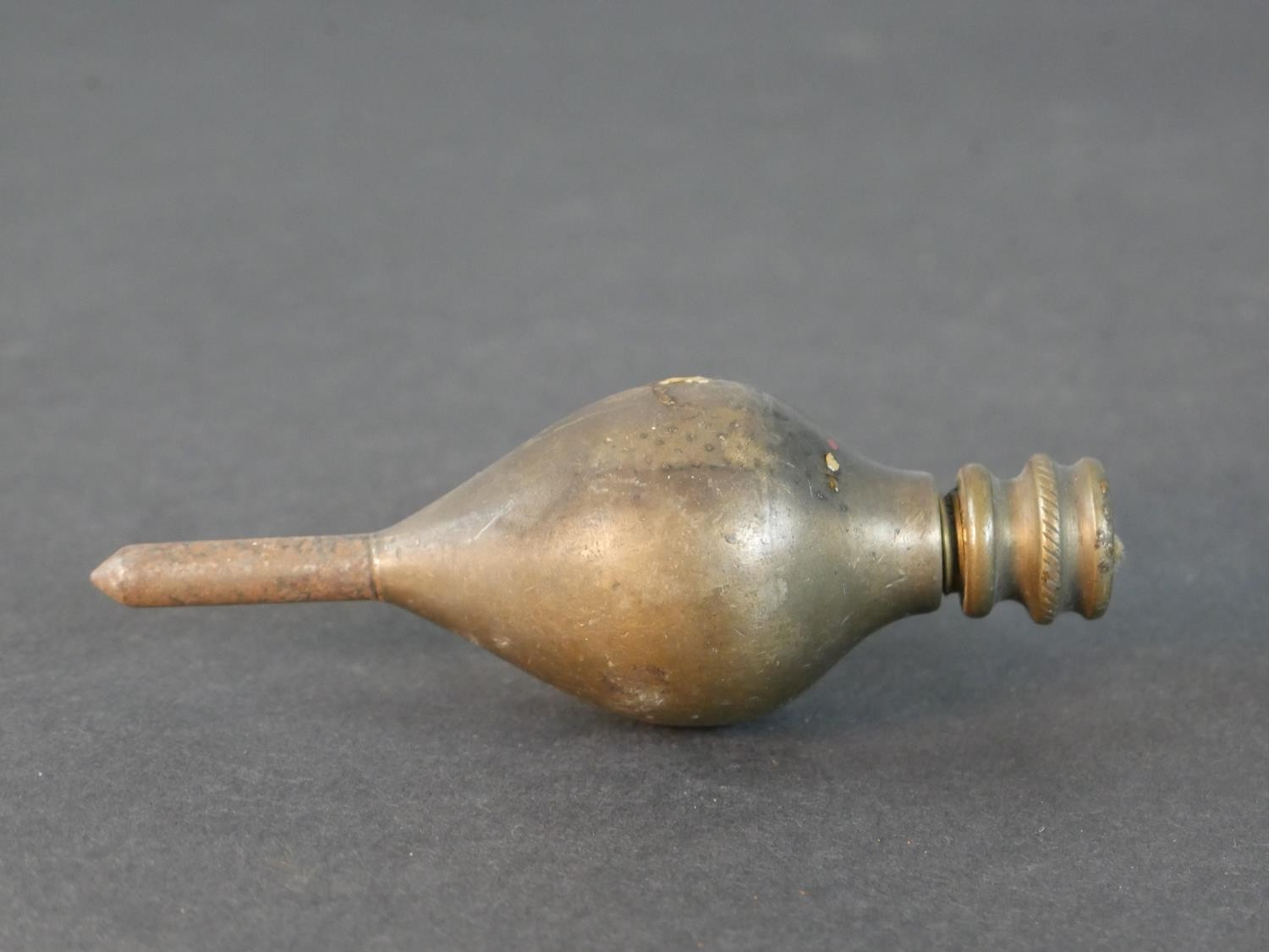 Two Victorian brass plumb lines, a silver plated putti form candle stick with engraved foliate - Image 6 of 6