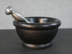 A John Julian design black marble and brushed chrome pestle and mortar. Diam.20cm