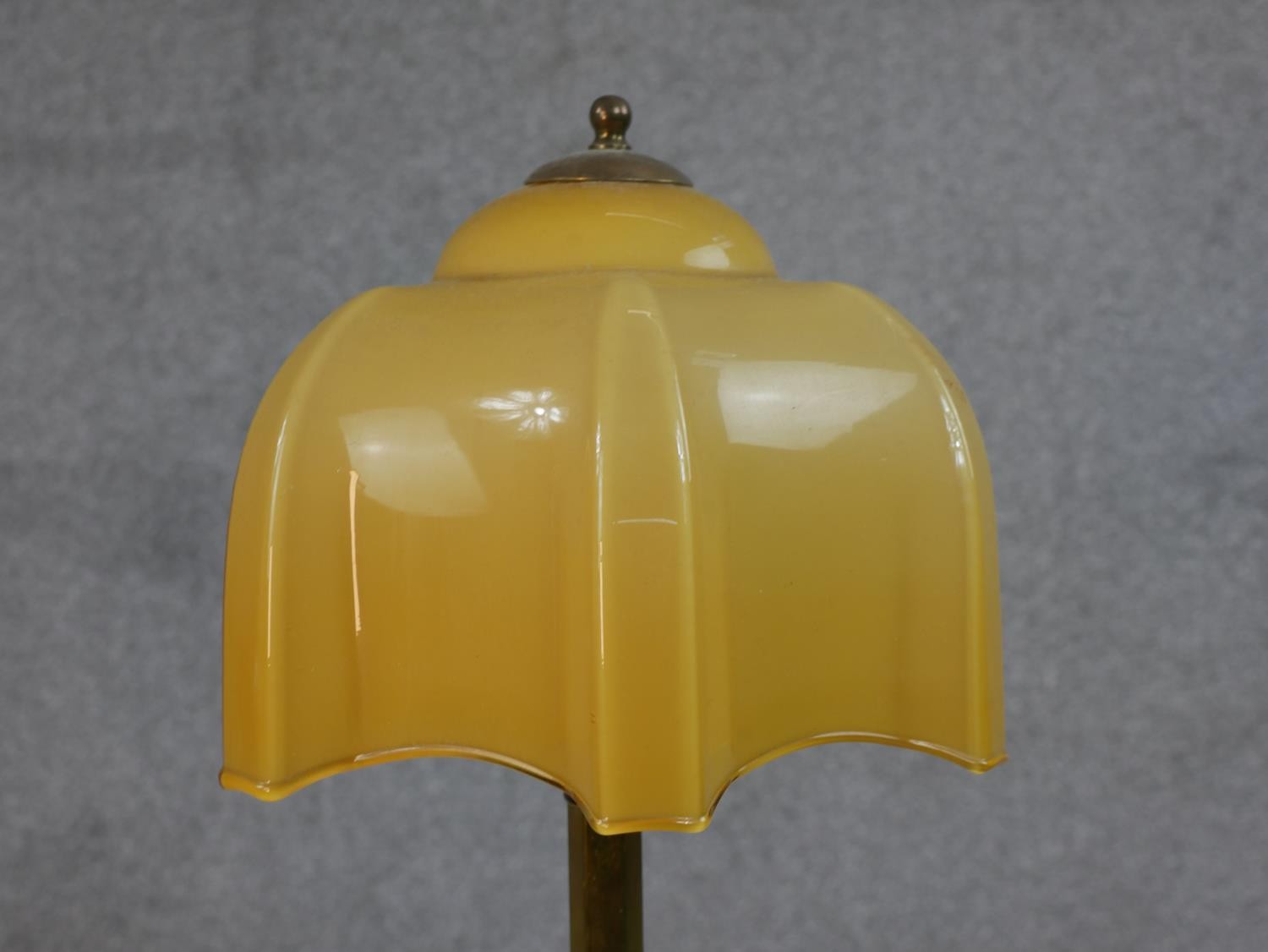 Two mid 20th century brass table lamps, one with a yellow glass shade, the other with a blue and - Image 5 of 5