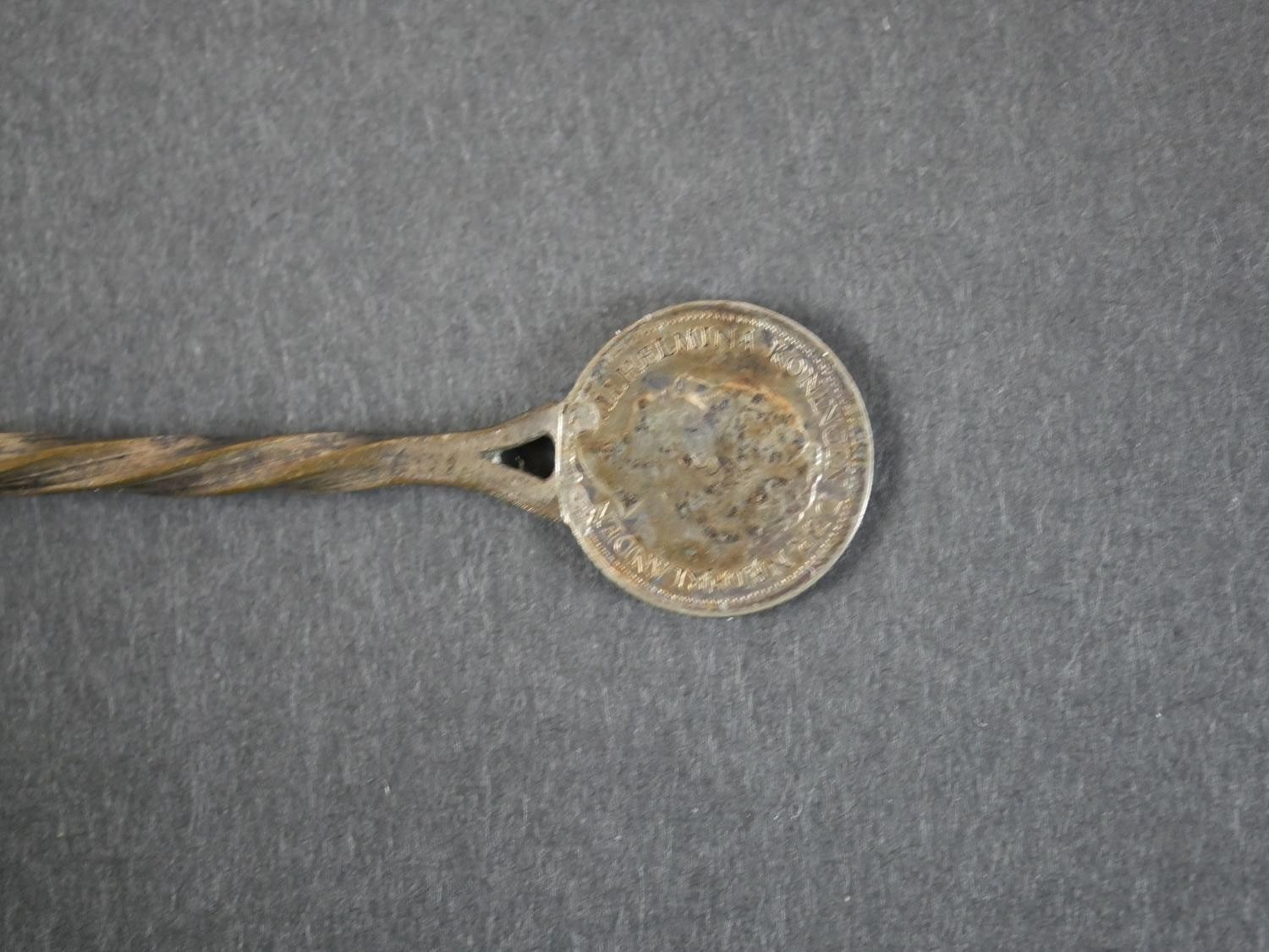 A pale blue cloisonne enamel and silver rogue pot, along with two silver tea spoons and a theatrical - Image 9 of 13