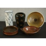 A collection of five studio pottery pieces, some with impressed maker's marks. H.26 Dia.14cm. (