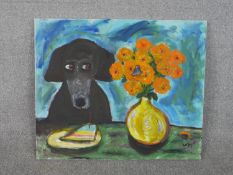 Wolf Howard, Dog and Mouse, acrylic on canvas, monogrammed WH lower right, signed and titled