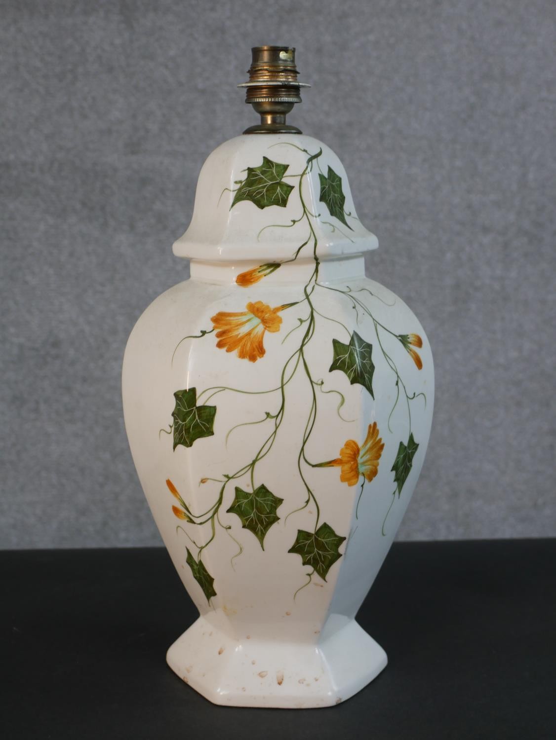 Three table lamps, one hand painted orange floral and foliate design Italian ceramic lamp, a hand - Image 3 of 5