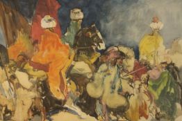 Orientalist school, Mounted Figures and Figures on Foot, watercolour, monogrammed lower right. H.