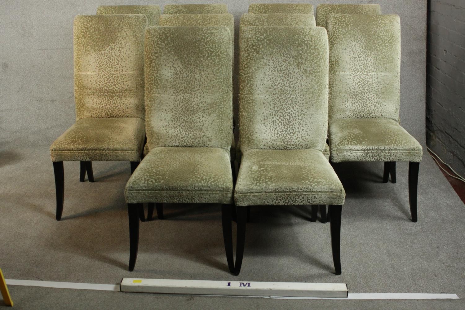 A set of ten contemporary dining chairs, upholstered in gold coloured fabric, on ebonised square - Image 2 of 10