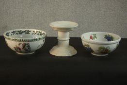 Two Pomana Portmerion Fruit pattern bowls and a Mason's cream glaze candle stick. H.20 Dia.19cm. (