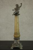 An early 20th century carved alabaster and spelter table thermometer in the form of a classical