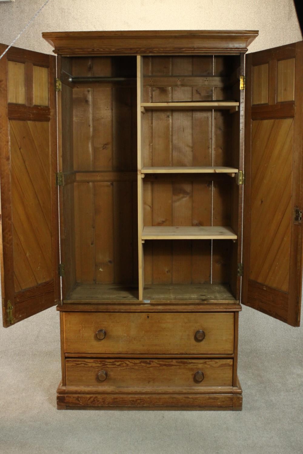 A Victorian Aesthetic movement pitch pine wardrobe, the two ecclesiastical style doors with - Image 6 of 7