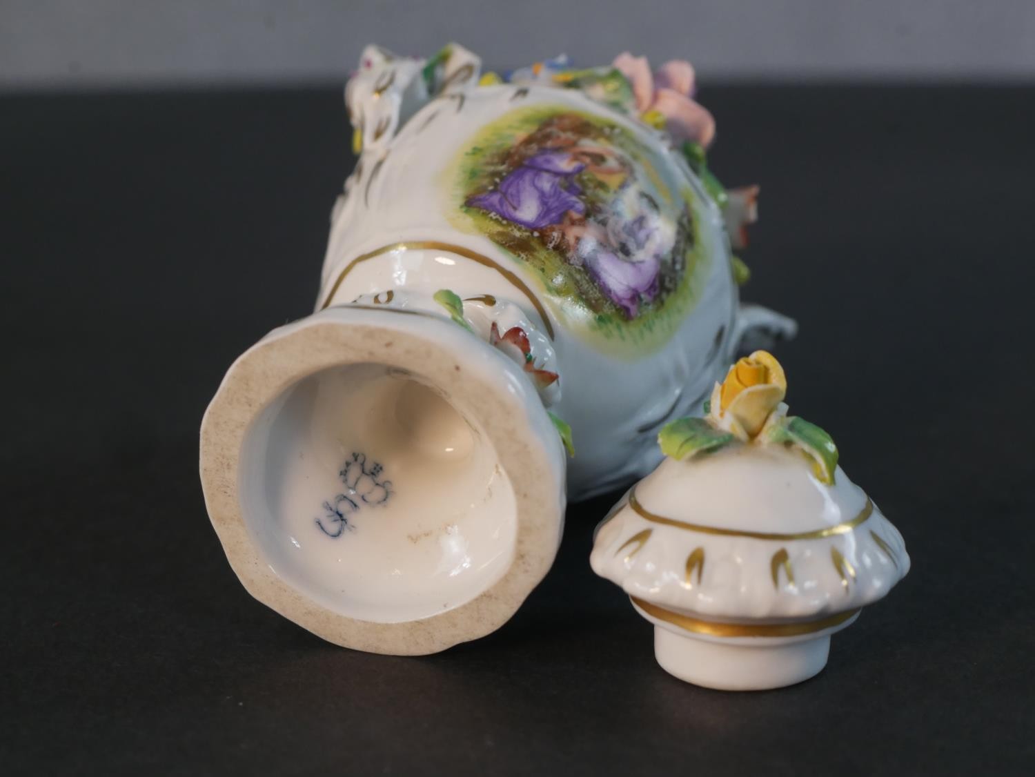 Three 19th century hand painted porcelain urns, one with gilded rams head handles and rose design ( - Image 5 of 6