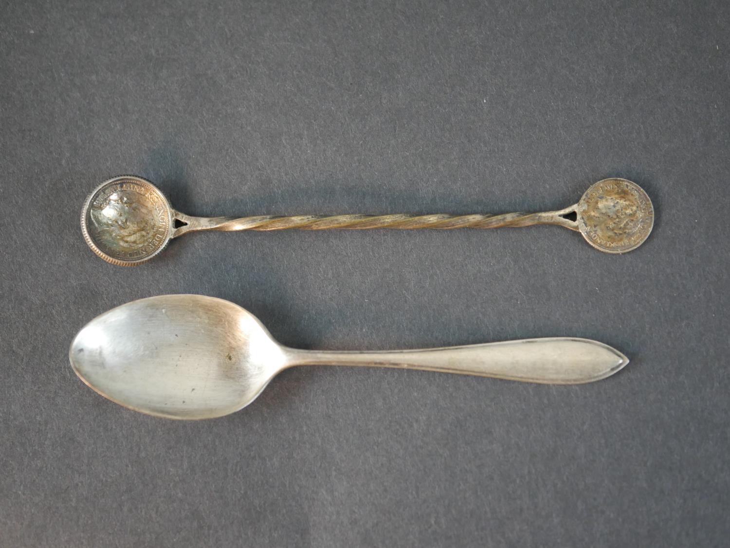 A pale blue cloisonne enamel and silver rogue pot, along with two silver tea spoons and a theatrical - Image 6 of 13