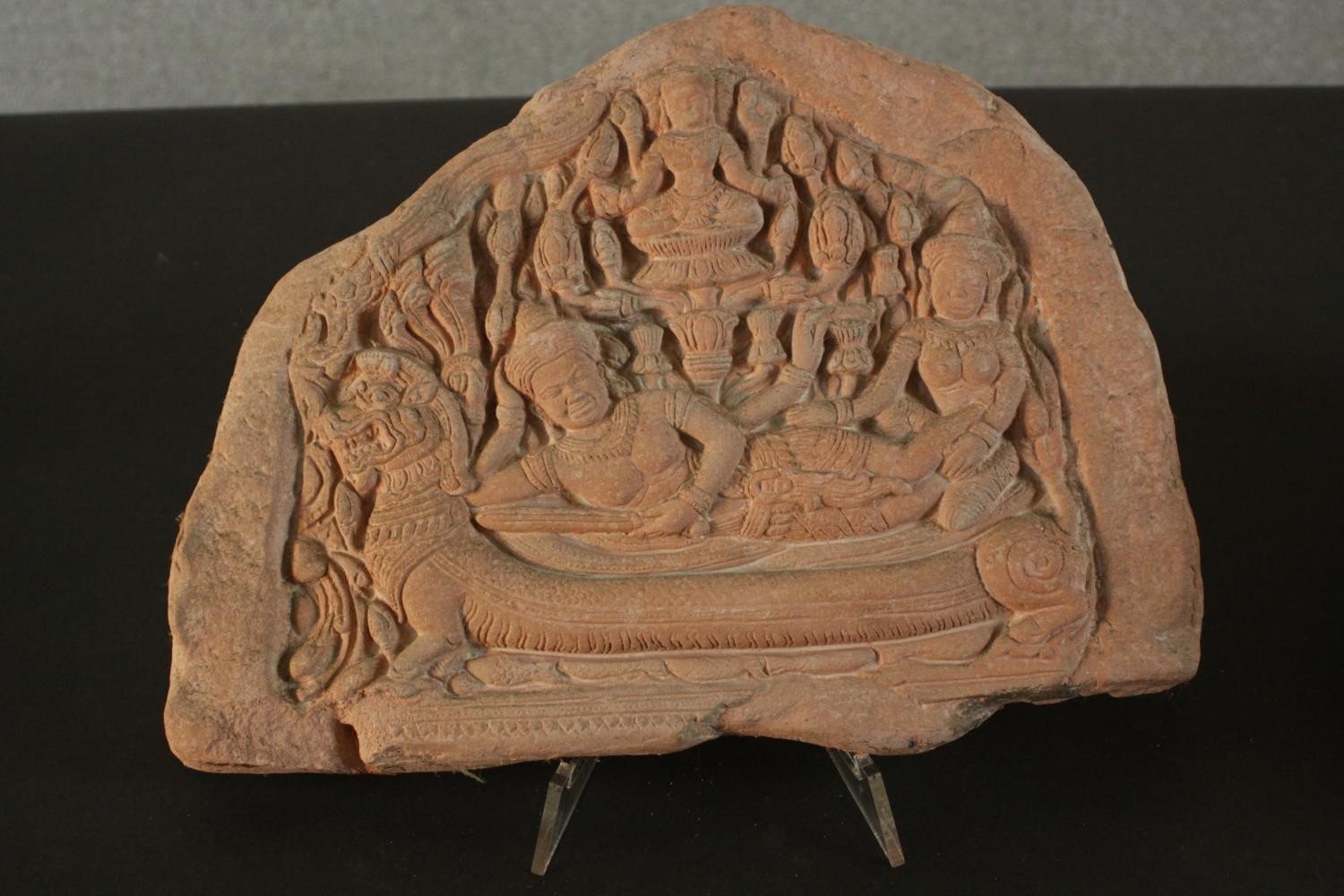 A relief clay tablet depicting Indian deities along with a ceramic vase with incised geometric - Image 3 of 9