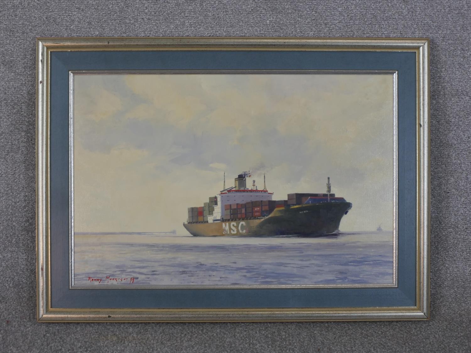 Ronny Moortgat (b.1951), 'Containers for Antwerp', oil on canvas, signed and label verso. H.52 W. - Image 2 of 6