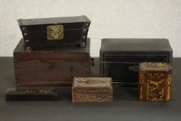 A collection of 19th and early 20th century boxes, including a hand painted bird and ribbon tea