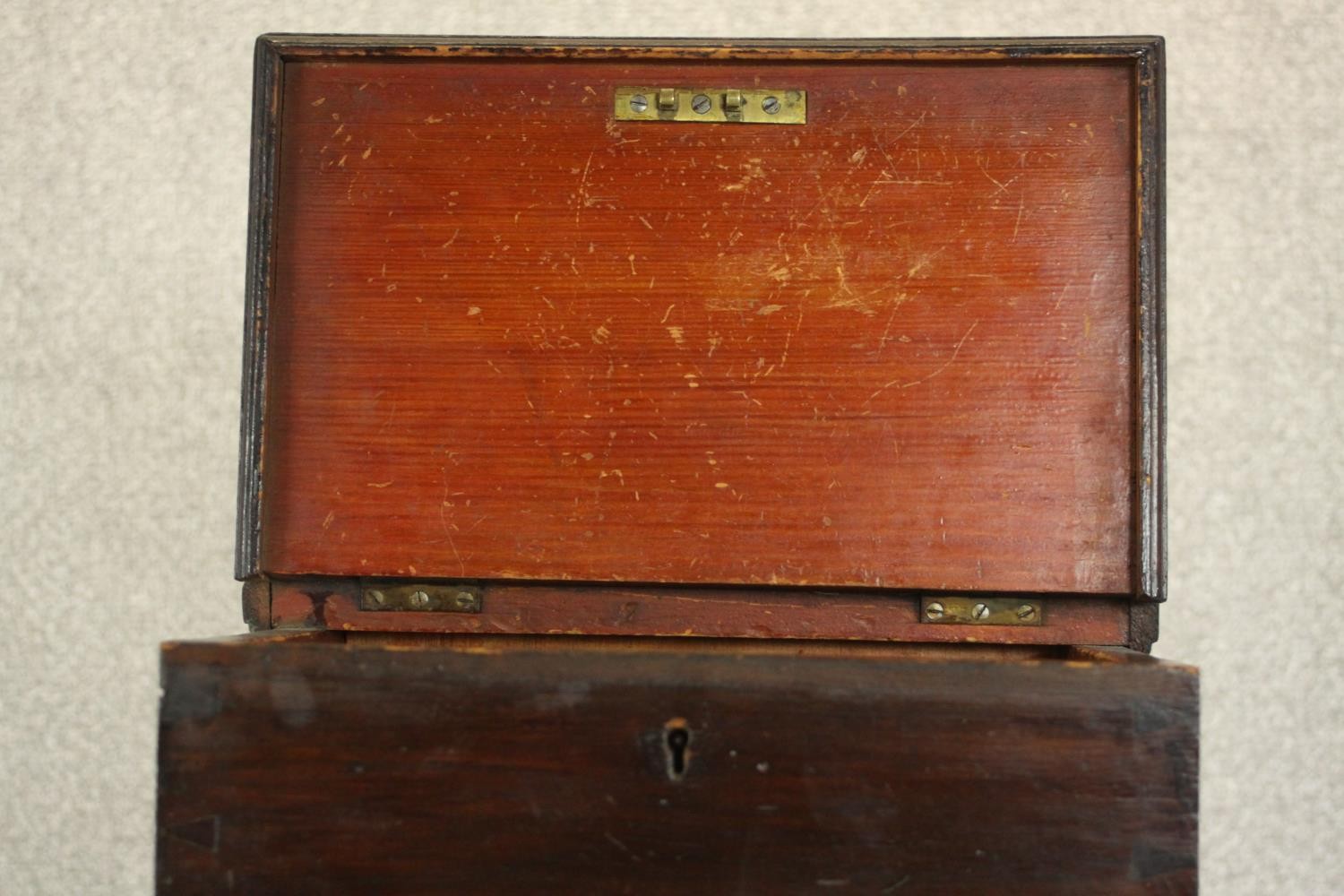 A late Victorian stained pine gun cabinet, the panelled door opening to reveal space for three guns, - Image 5 of 7