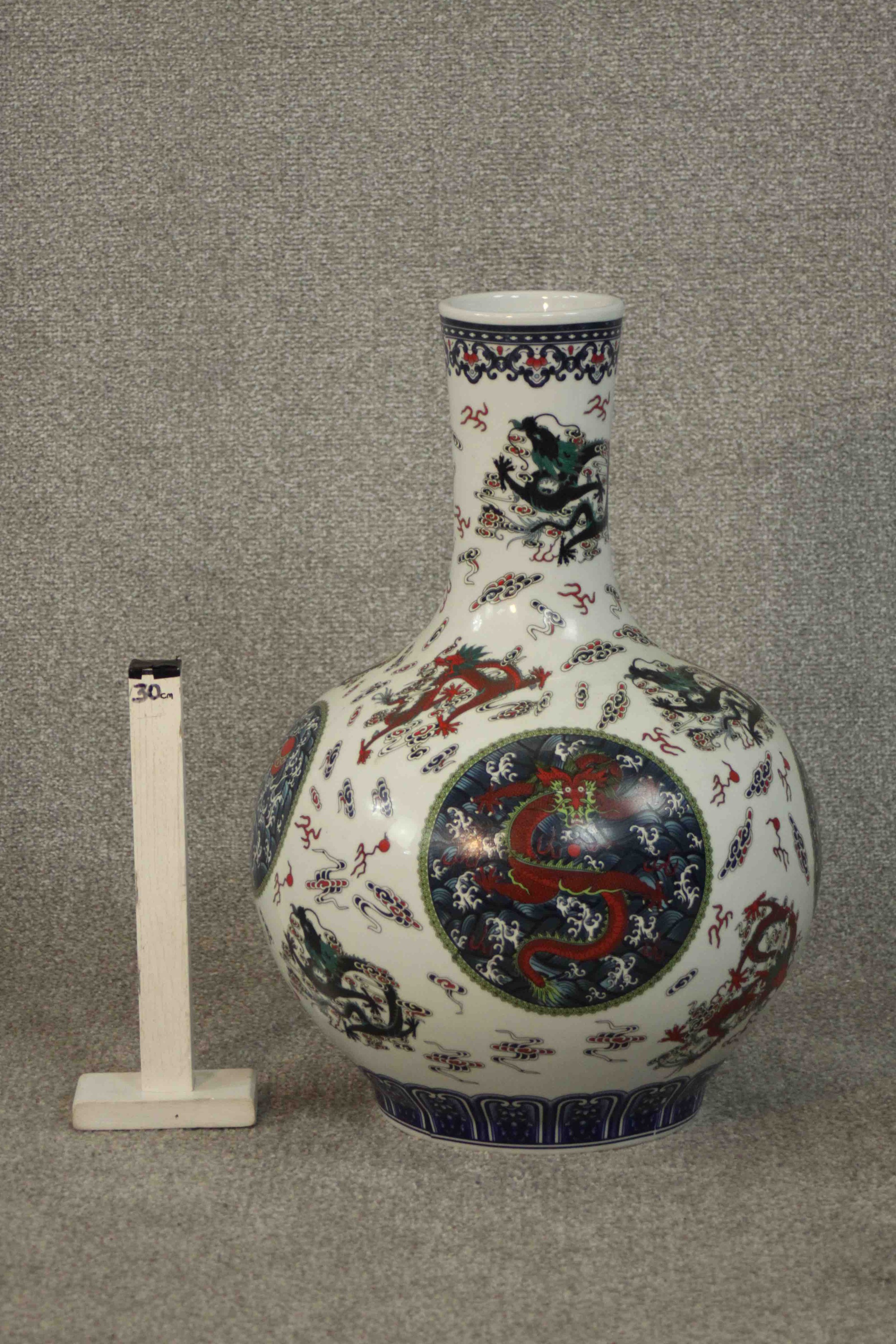 A large Chinese Ming style porcelain vase of bulbous form decorated with dragon and floral motifs, - Image 2 of 10