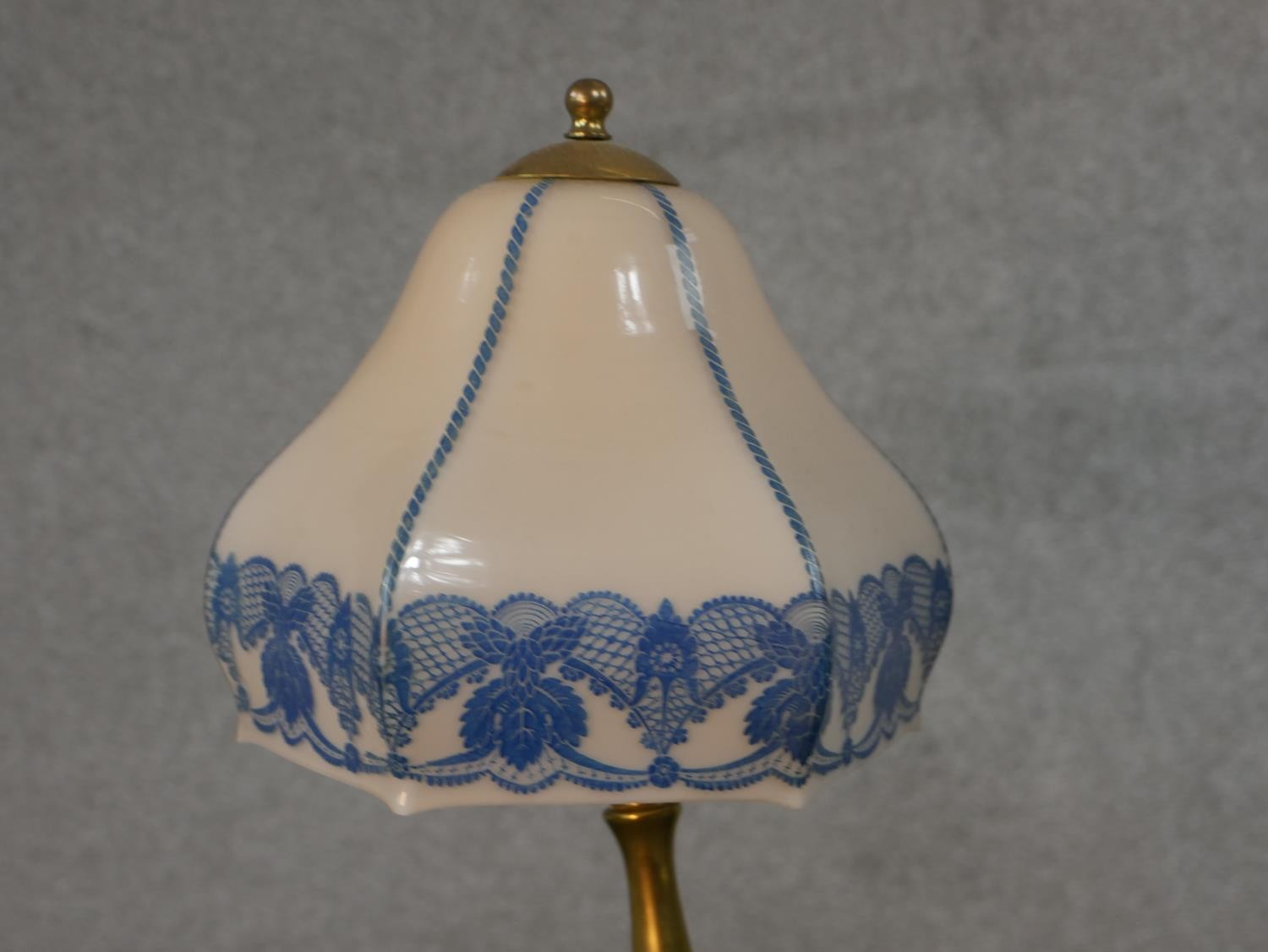 Two mid 20th century brass table lamps, one with a yellow glass shade, the other with a blue and - Image 3 of 5