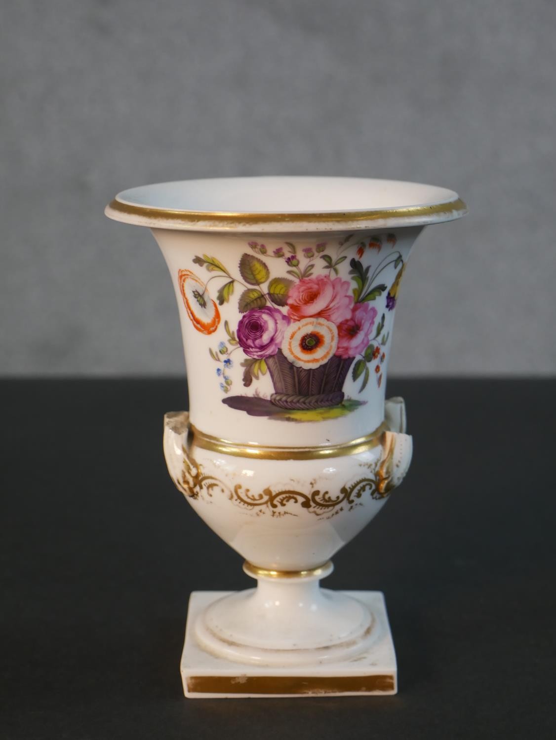Three 19th century hand painted porcelain urns, one with gilded rams head handles and rose design ( - Image 6 of 6