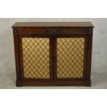 A Regency rosewood chiffonier, the rectangular top over two brass grille doors with yellow pleated