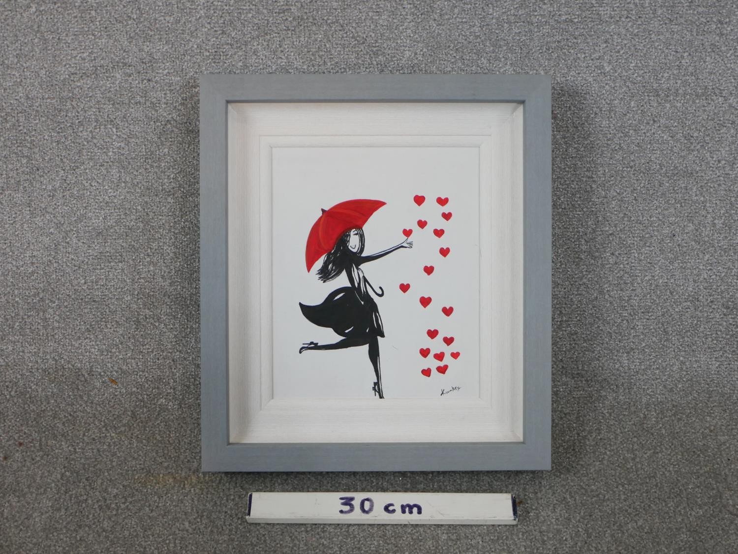 A framed acrylic on board, 'Red Umbrella', signed Kavnksy. H.44.5 W.39.5cm - Image 3 of 5