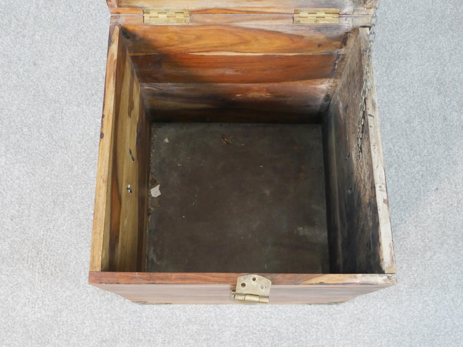 An Indian hardwood cube chest with brass detailing to the corners and padlock. H.46 W.40 D.40cm - Image 6 of 7