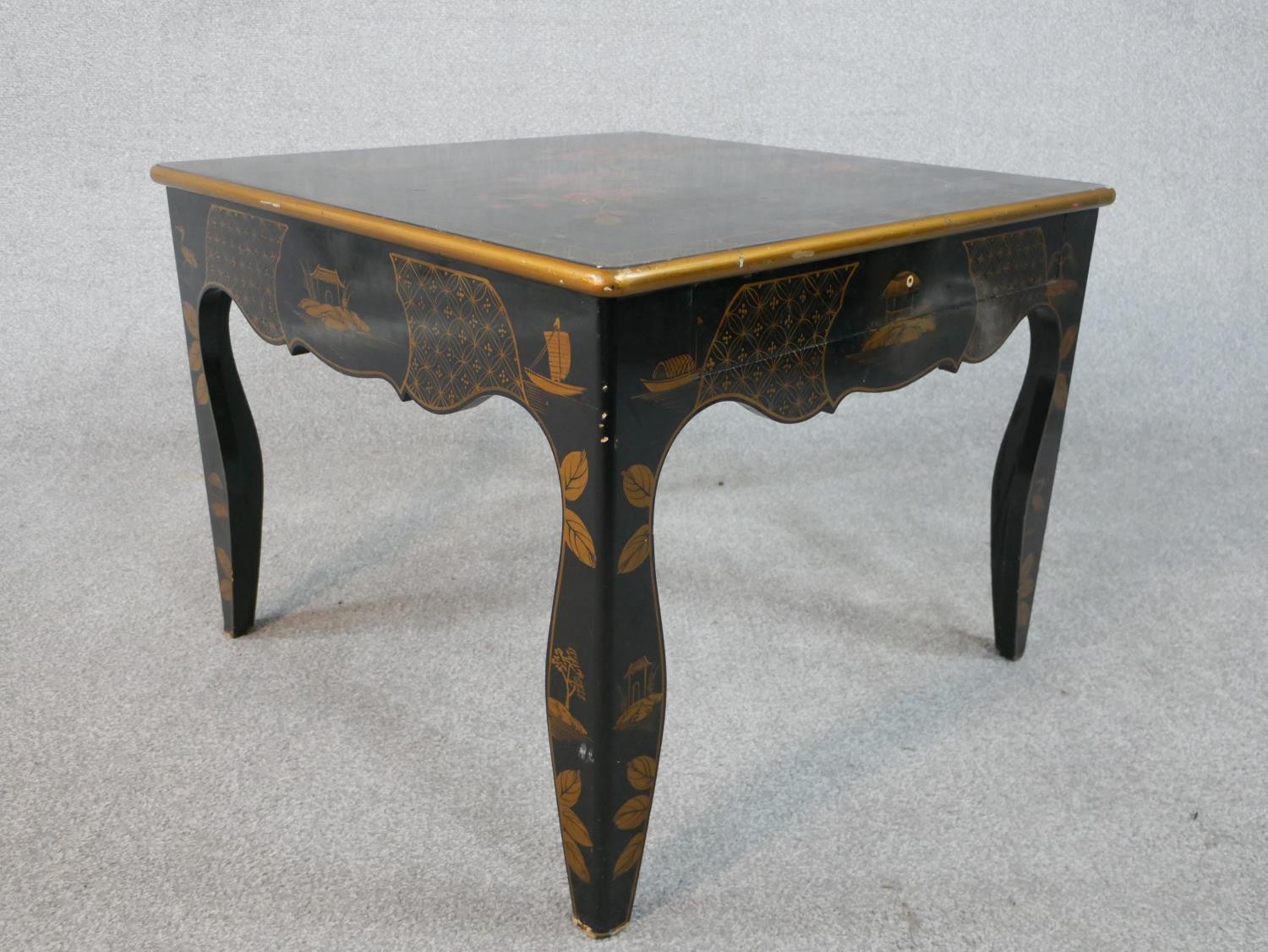 A black lacquered Chinese low table with hand gilded bird and blossom decoration. W.66 H.52 D.66cm - Image 3 of 6