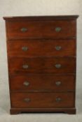 A late Victorian walnut tallboy chest of five long drawers, on bracket feet. H.161 W.113 D.54cm