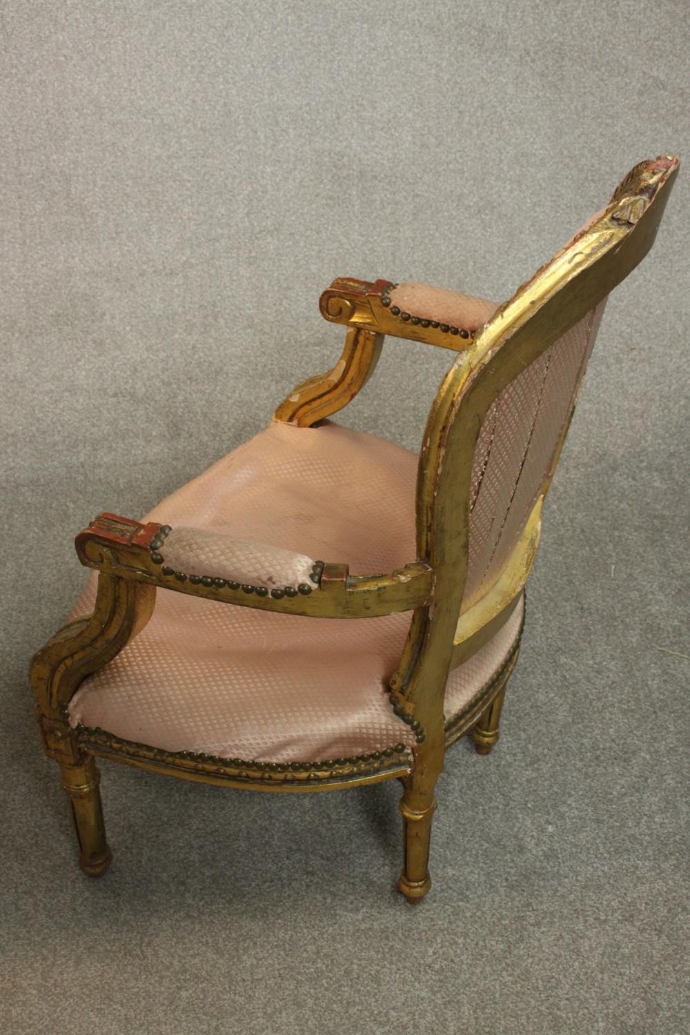 A pair of Louis XVI style giltwood fauteuil armchairs, upholstered in pink fabric to the back, - Image 10 of 12