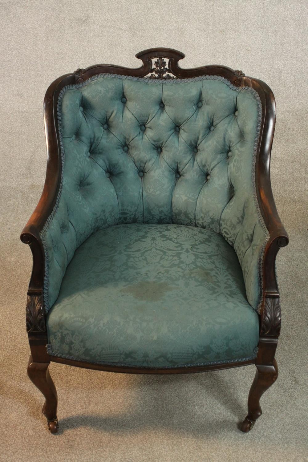 A pair of Edwardian walnut tub armchairs, upholstered in buttoned blue damask, with scrolling arms - Image 3 of 10
