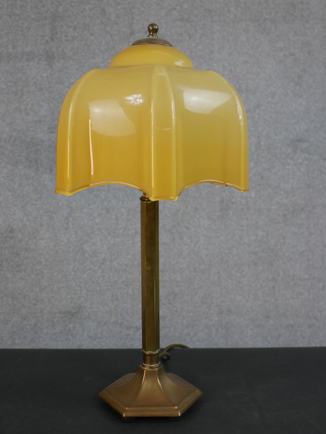 Two mid 20th century brass table lamps, one with a yellow glass shade, the other with a blue and - Image 4 of 5