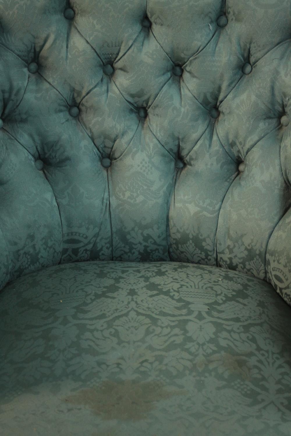 A pair of Edwardian walnut tub armchairs, upholstered in buttoned blue damask, with scrolling arms - Image 4 of 10
