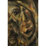 A framed and glazed hand coloured etching of abstract faces, indistinctly signed and dated Feb,