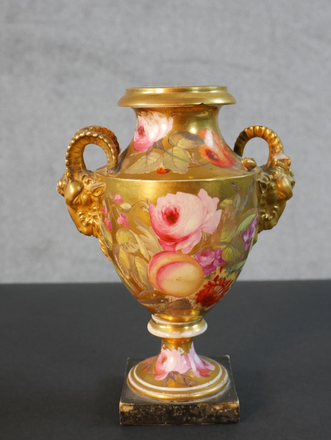 Three 19th century hand painted porcelain urns, one with gilded rams head handles and rose design ( - Image 2 of 6