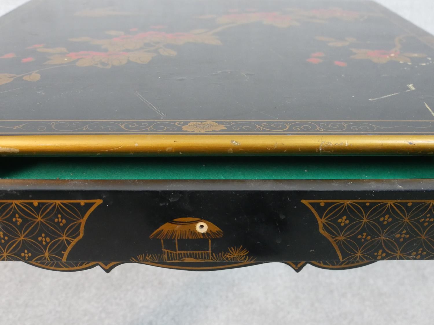 A black lacquered Chinese low table with hand gilded bird and blossom decoration. W.66 H.52 D.66cm - Image 6 of 6
